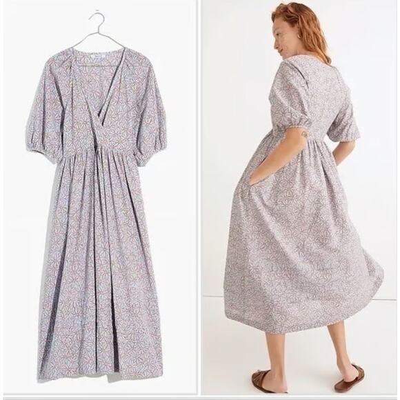 Madewell Marianna Puff-Sleeve Midi Dress Dream-On Daisies Medium Cotton Purple - Picture 4 of 9